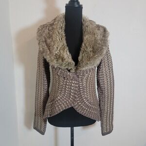 ANTHROPOLOGIE Boho Knit Brown Faux Fur Cardigan Charlie & Robin Medium Retro